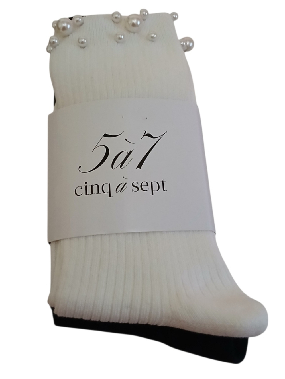cinq à sept | Ivory Black Ribbed Crystal Pearl Accent Fashion Socks Size 7-10